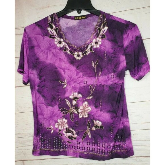 Rare Vintage Kai Hao XXL Purple Floral Glitter Foil Short Sleeve Women Shirt - Picture 1 of 10